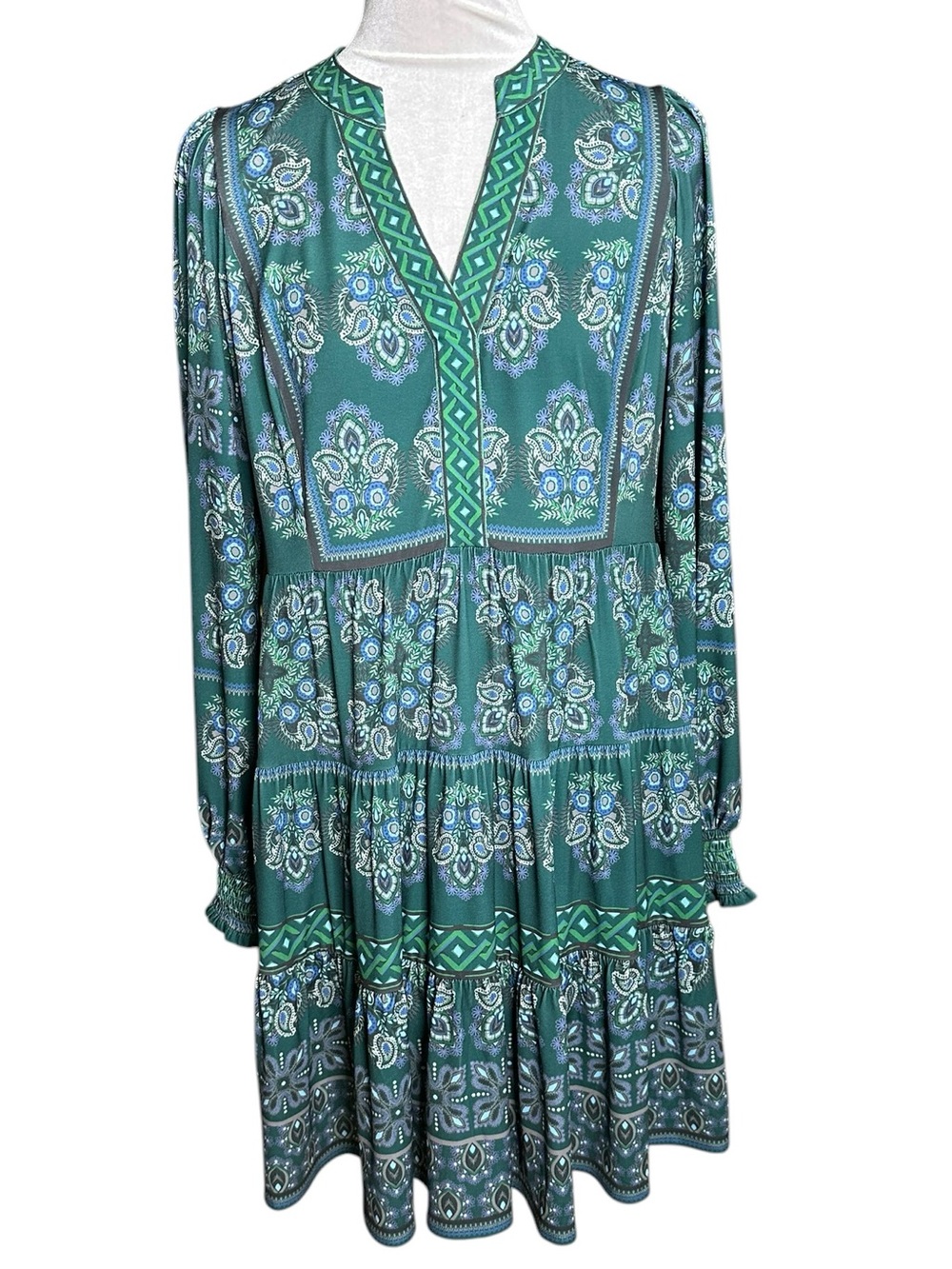 Hale Bob Tiered Paisley Floral Boho Ling Sleeve Mini Dress. Size Small